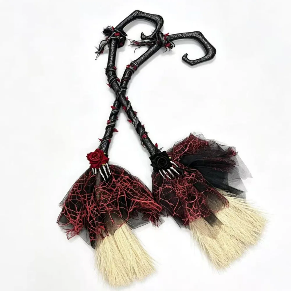 Gothic Witch Broom Cosplay Witches Decor Red Rose Magic Wand Halloween Carnival Dress Up Party Costume Props