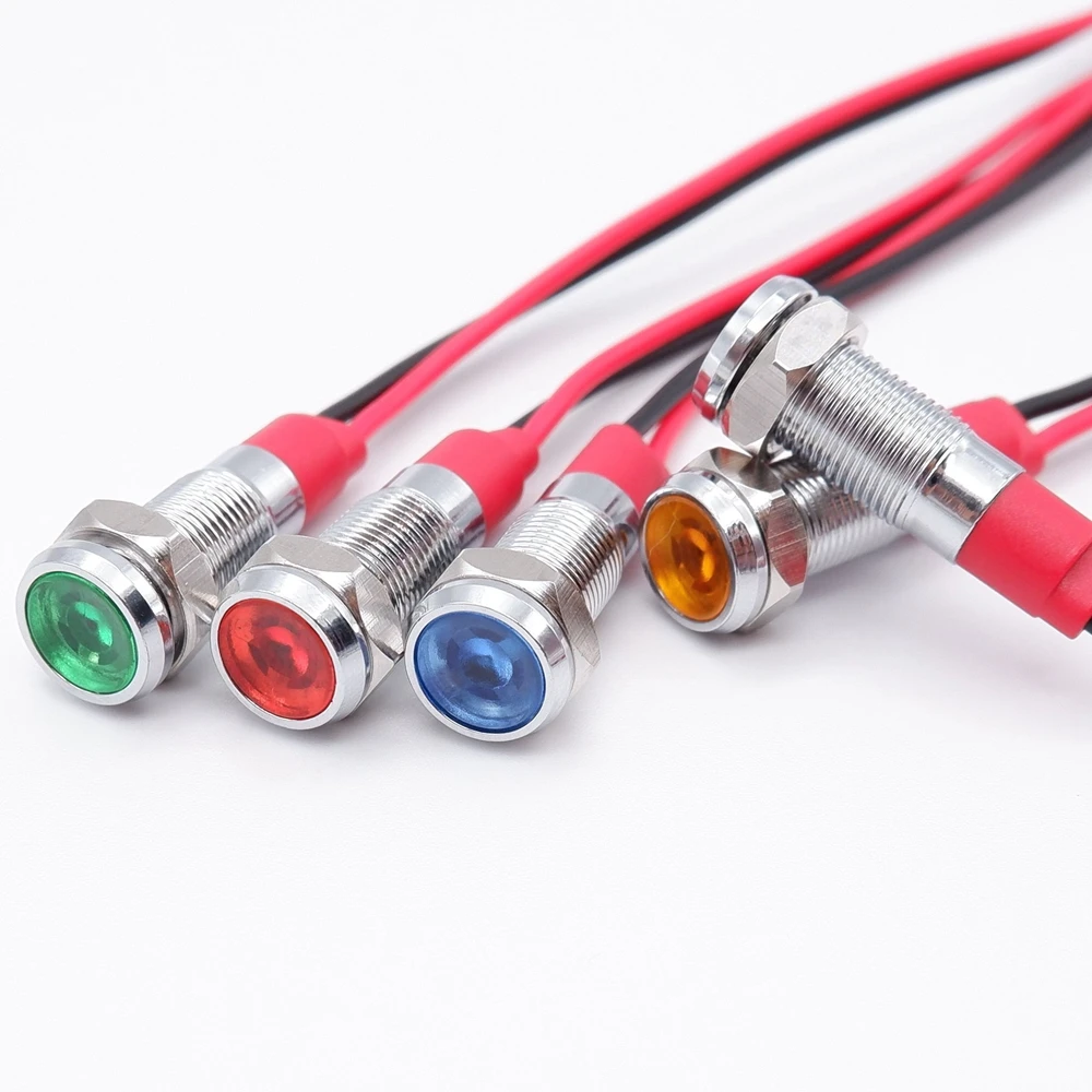 Lâmpada LED com Sinal de Advertência, Luz Indicadora de Metal, Piloto Wires Switch, Vermelho, Laranja, Azul, Verde, Branco, 6mm, 3V, 5V, 12V, 24V,