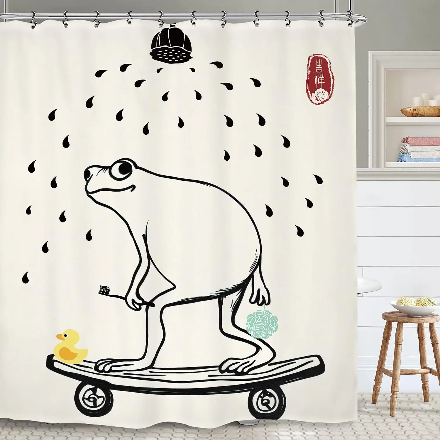 Funny Cartoon Animal Skateboard Shower Curtain Bath Decor Novelty Print Water Drops Bathroom Curtain for Kids Teens Cute Whimsic