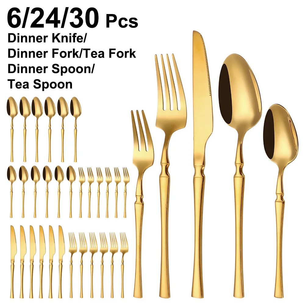 6/24/30Pcs Gold Thin Cutlery Stainless Steel Tableware Western Dinner Set Solid Color Knife Fork Spoon Mirror Kitchen Utensils