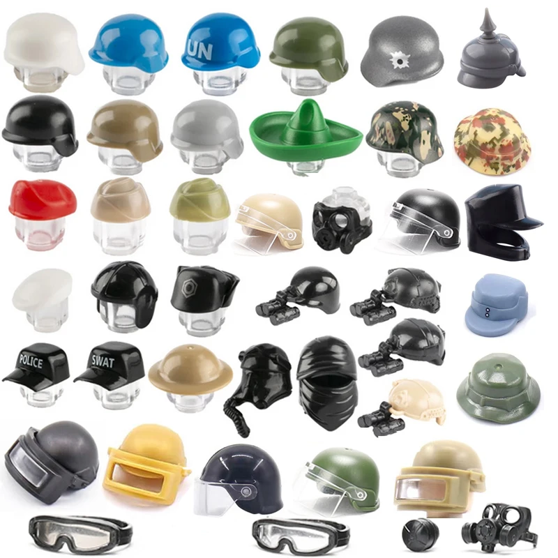 10pcs WW2 MOC Soldier Trooper Helmet Hat Gas Mask city Police SWAT Hat cap building block Military Weapon Army Accessory toys