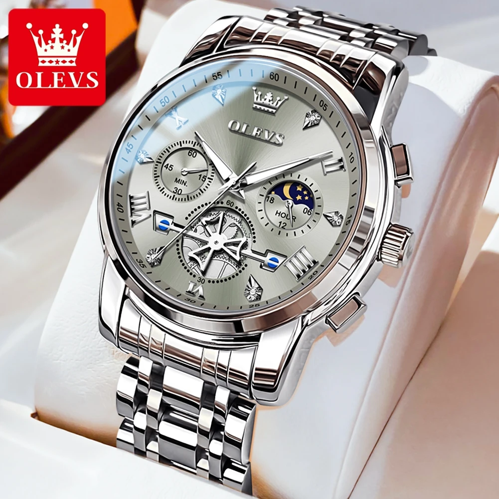 OLEVS Stainless Steel Men\'s Watches Chronograph Moon Phase Waterproof Luminous Quartz Wrist Watch for Men Luxury Brand Man Watch