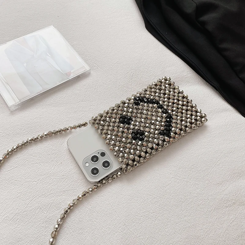 

DIY Bag Female Pearl Bag Lovely Change Mobile Phone Bag Shiny Single Shoulder Messenger Hand Woven Bag