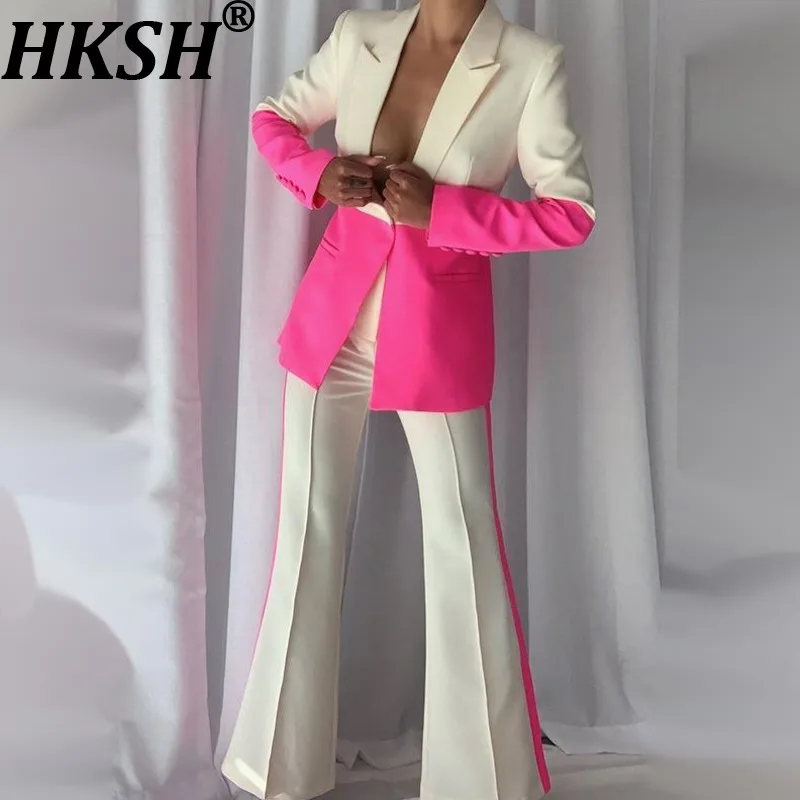 

HKSH 2025 Spring Autumn New Women Tide Fashion Suit Set Single-Breasted Color Contrast Blazer Flared Pants Two-Piece Set HK11709