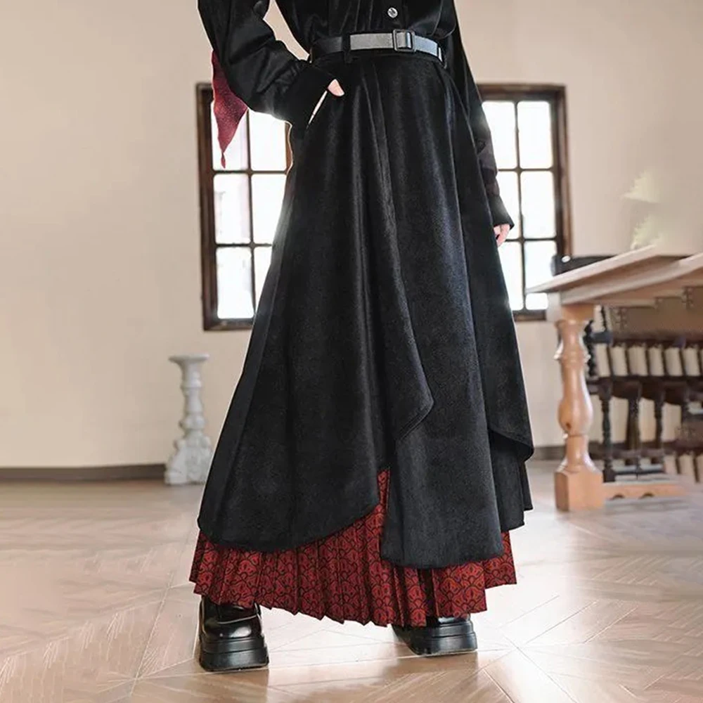 Autumn Winter Y2k Color Matching Irregular Skirt Chinese Retro Fashion Trend Leisure Loose Breathable Niche unisex Bottom