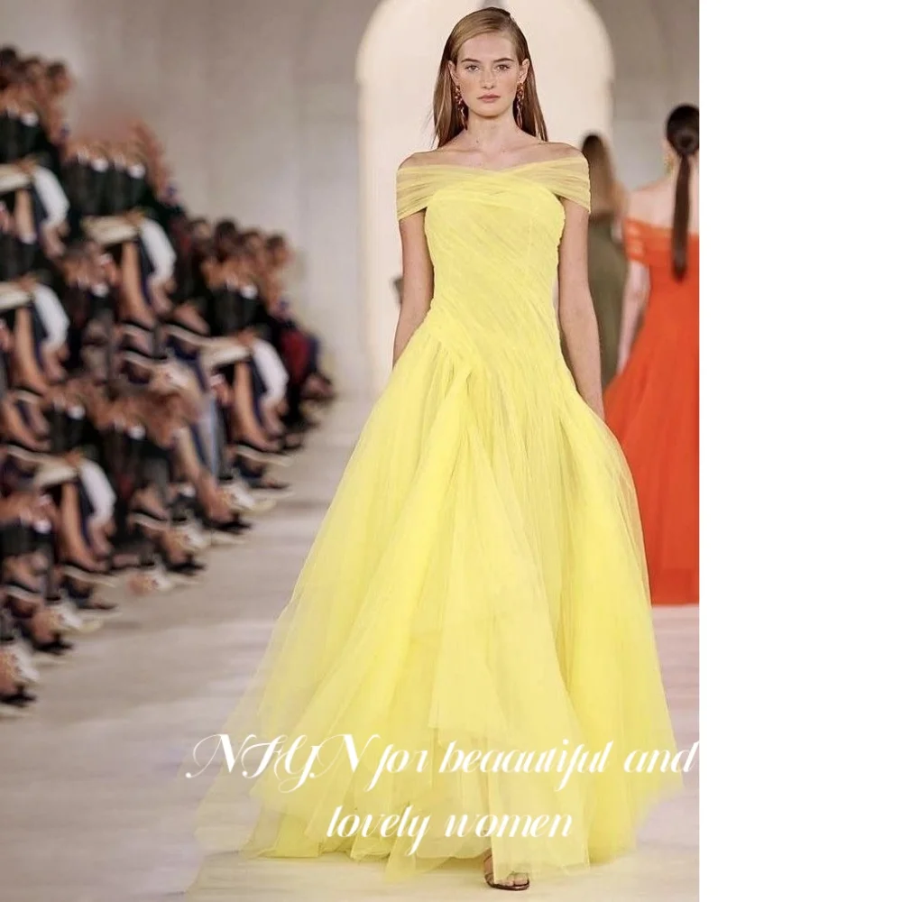 

NFYN Yellow Elegant Prom Dress Off the Shoulder Pleated Prom Gown Trailing Stage Evening Dress for Woman robe de bal Customized