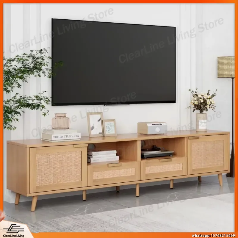 Modern Farmhouse TV Stand for TVs up to 85 Inches Solid Wood Entertainment Center with Rattan Legs Living Room TV Cabinet