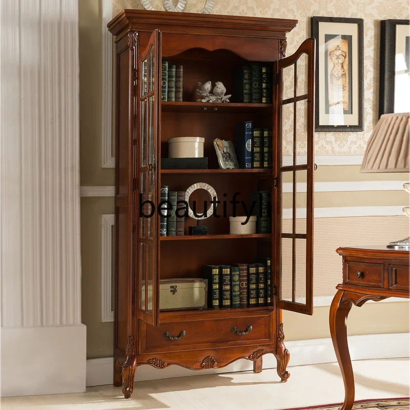 Light luxury solid wood glass door bookcase multi-layer floor shelf retro bookcase study simple furniture