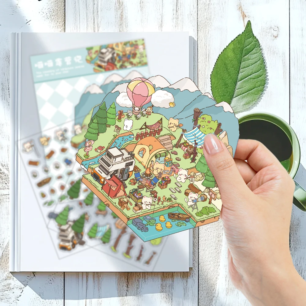 1 ชุด DIY 3D Meow Meow Camping Miniature สติกเกอร์การ์ตูนฉากสัตว์สําหรับทําฉากของคุณเองเพื่อบรรเทาความเครียดผ่านเวลา