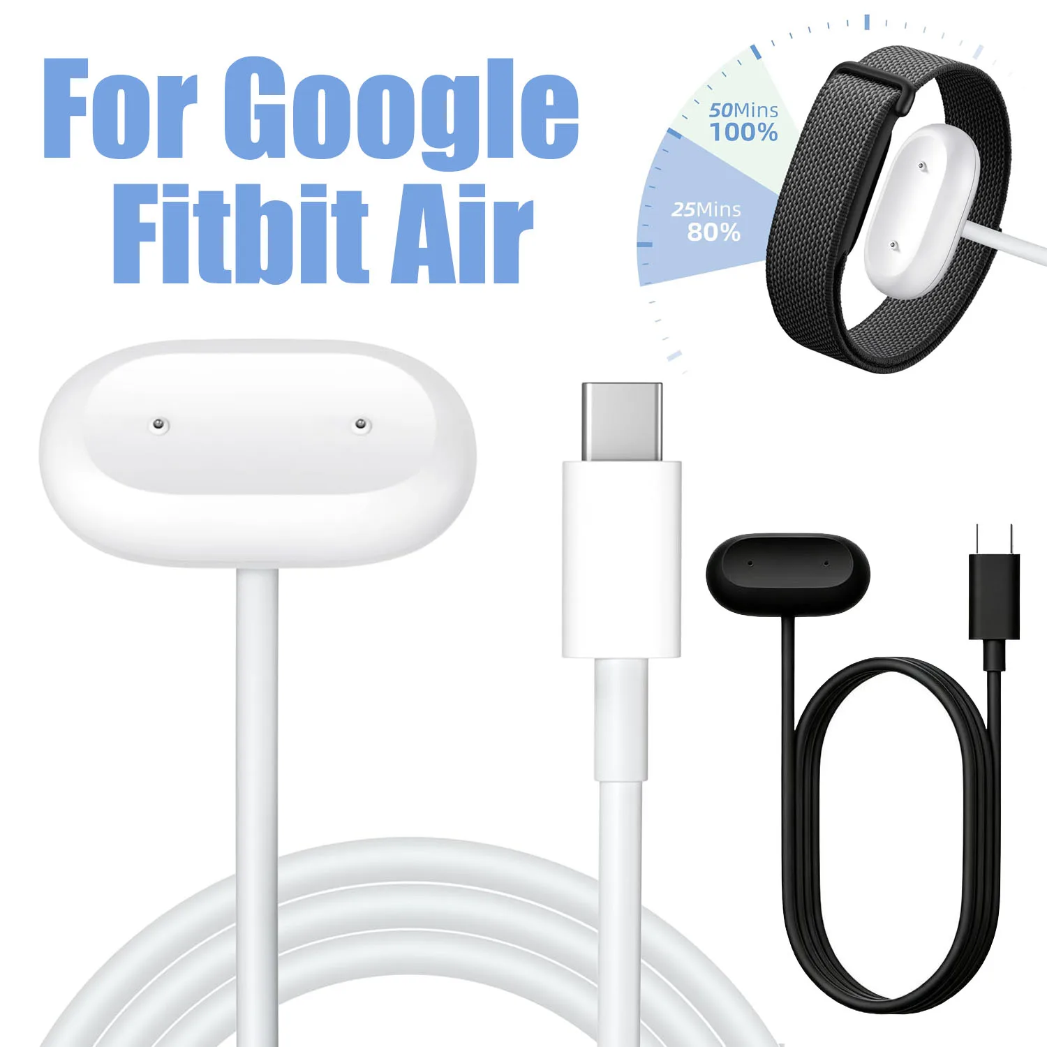 Magnetisches Ladekabel, USB-A- und Typ-C-Ladekabel für Google Fitbit Air, tragbares Ersatzladegerät für Fitness/Reisen/Zuhause