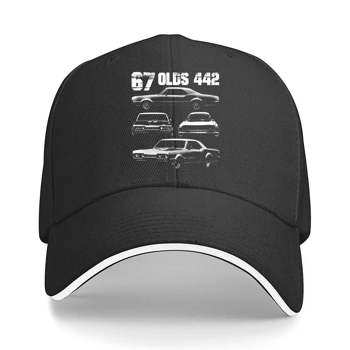 

Classic Cars Art 67 Olds 442 Silhouettes in Minimalist White Design Sandwich Baseball Cap
