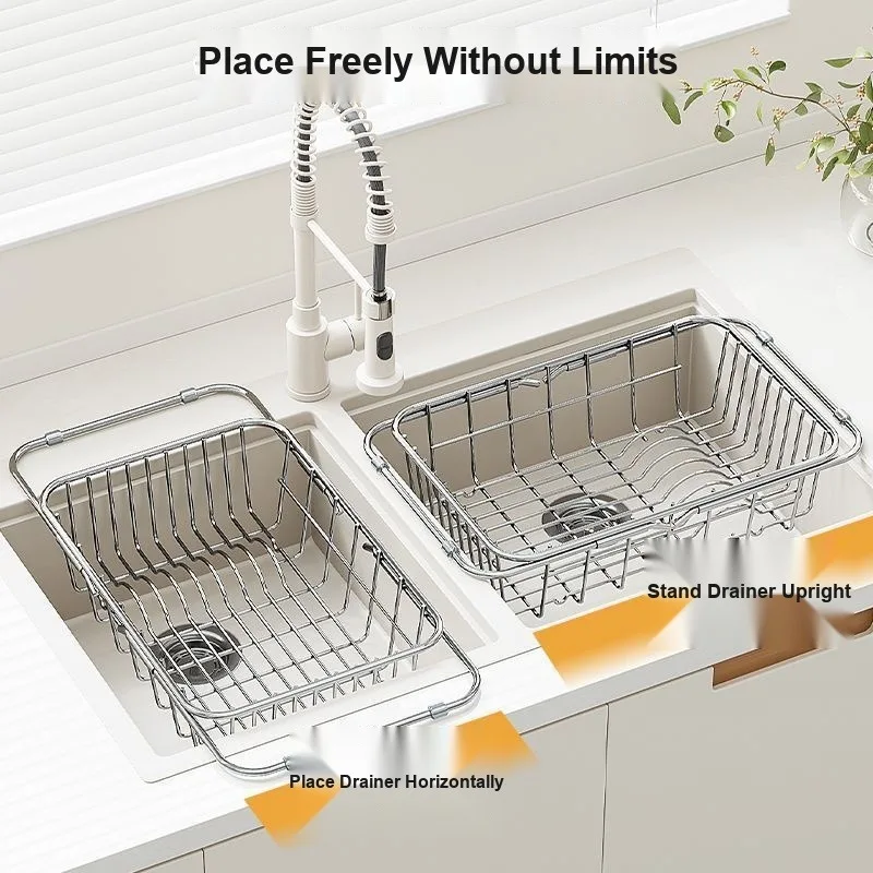 Stainless Steel Extendable Colander Kitchen Sink Drain Rack Dish Drying Fruit Vegetable Strainer Basket