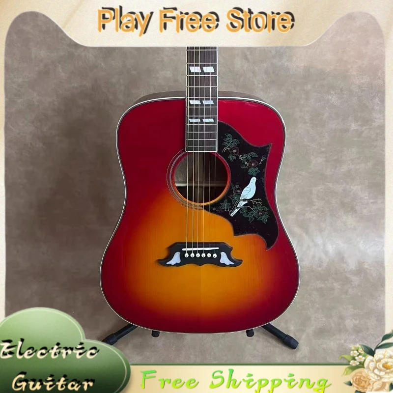 Discount Red 41 Inch Cherry Sunburst Colour Dreadnought Acoustic Guitar Bird Floral Inlay Pickguard Handcrafted Hot Sale New