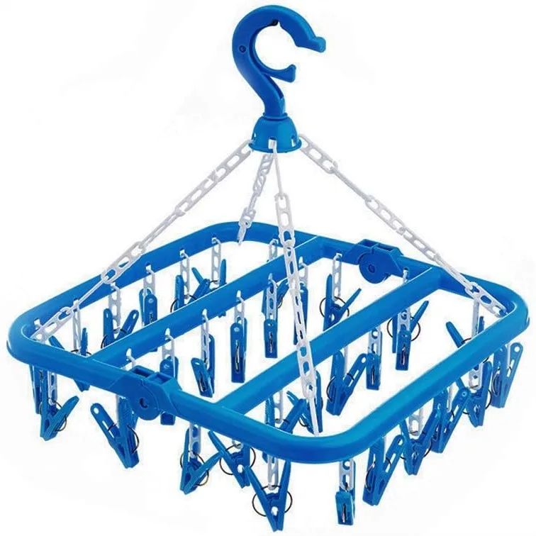 

Foldable Clothes Drying Hanger with 32 Clips for Underwear Socks Blue