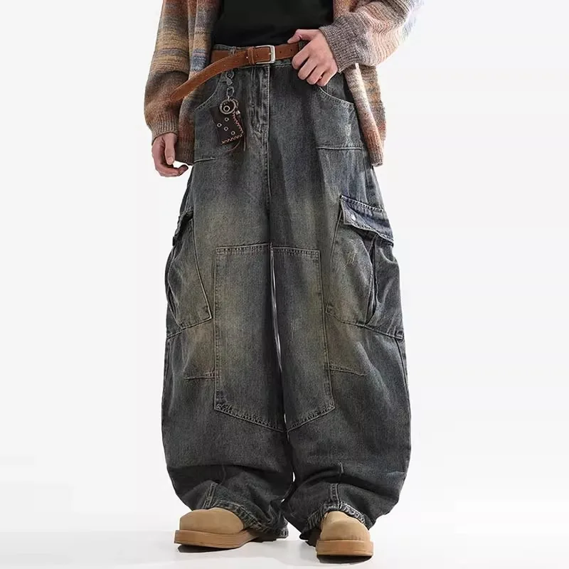 KIDWHXR Herren Cargo-Hose Vintage High Street Kontrastfarben Gewaschene Denim-Hose Retro Loose Fit Mittlere Taille Taschen Herrenhose – Detail 3