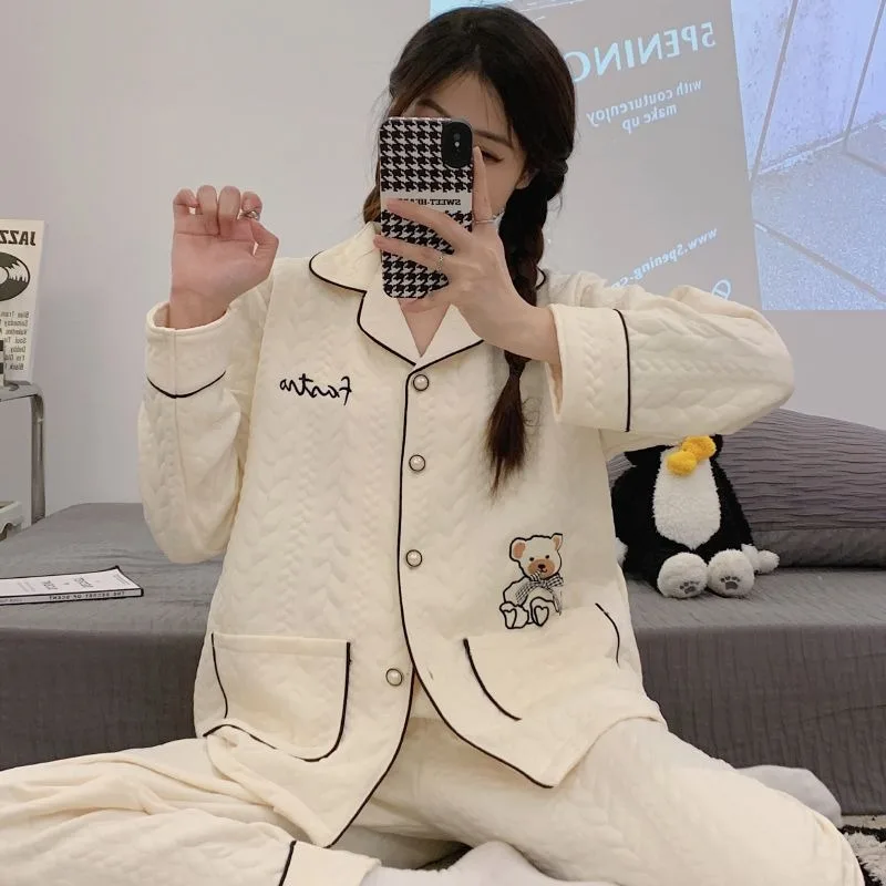 2024 New Air Cotton Pajamas for Women Autumn Winter Sleepwear Pure Cotton Thickened Sandwich Long Sleeved Lounge Set Homewear
