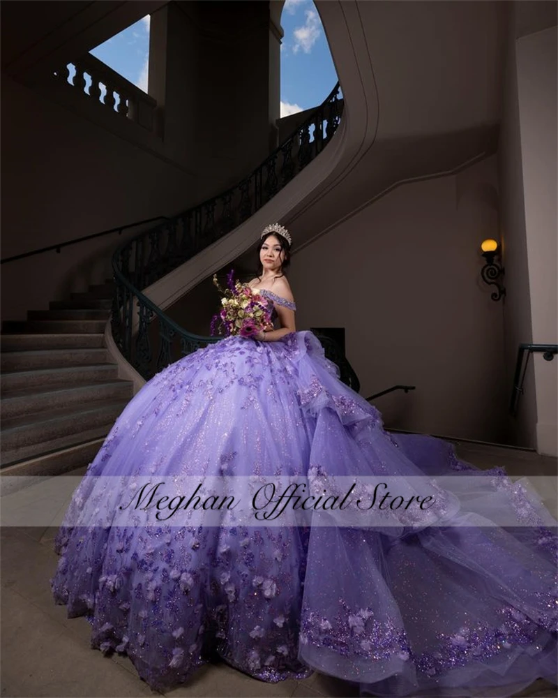 Abito Quinceanera viola con spalle scoperte 2024 abito da ballo con perline Ball gliow3d Flowers Puffy Tiered Luxury Sweet 16 15 Robe De Bal