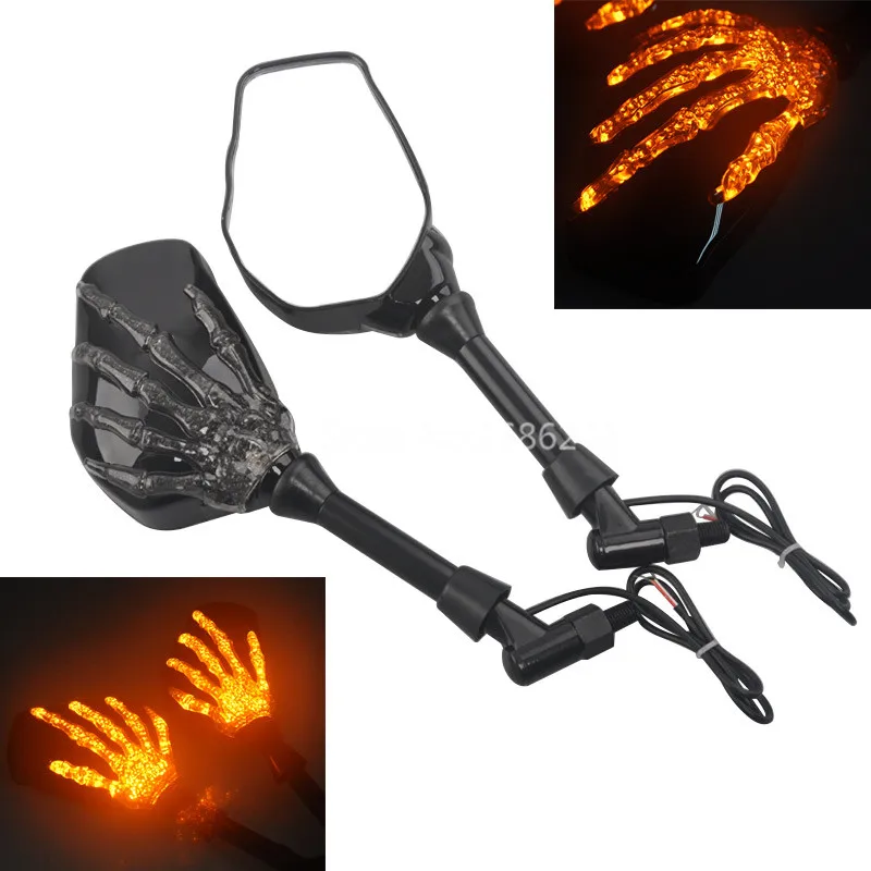 Motorcycle Skeleton Skull Hand Rearview Side Mirrors LED Turn Signal Lights Accessorie For Most Street Bike With 8mm /10mm Screw