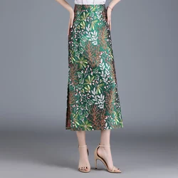 ZUZK Women Elegant Fashion Embroider Slit  Bodycon Skirt Female High Waist Qipao Style Chic Slim Long Pencil Skirts M-4XL