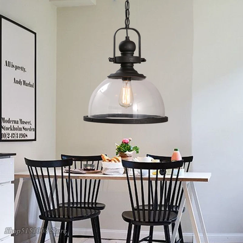 Vintage Iron LED Pendant Lights Loft Industrial Kitchen Hanging Lamp For Dining Room Decor Home Light Fixtures Glass Lampshade