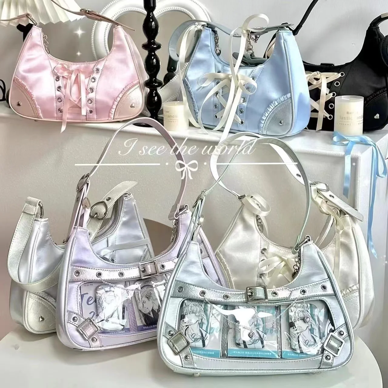 Silvery Ribbon Design Ita Bag Lolita Half Moon Ruched Silk Handbag Women Kawaii Chains Transparent Shoulder Bag Bolsos