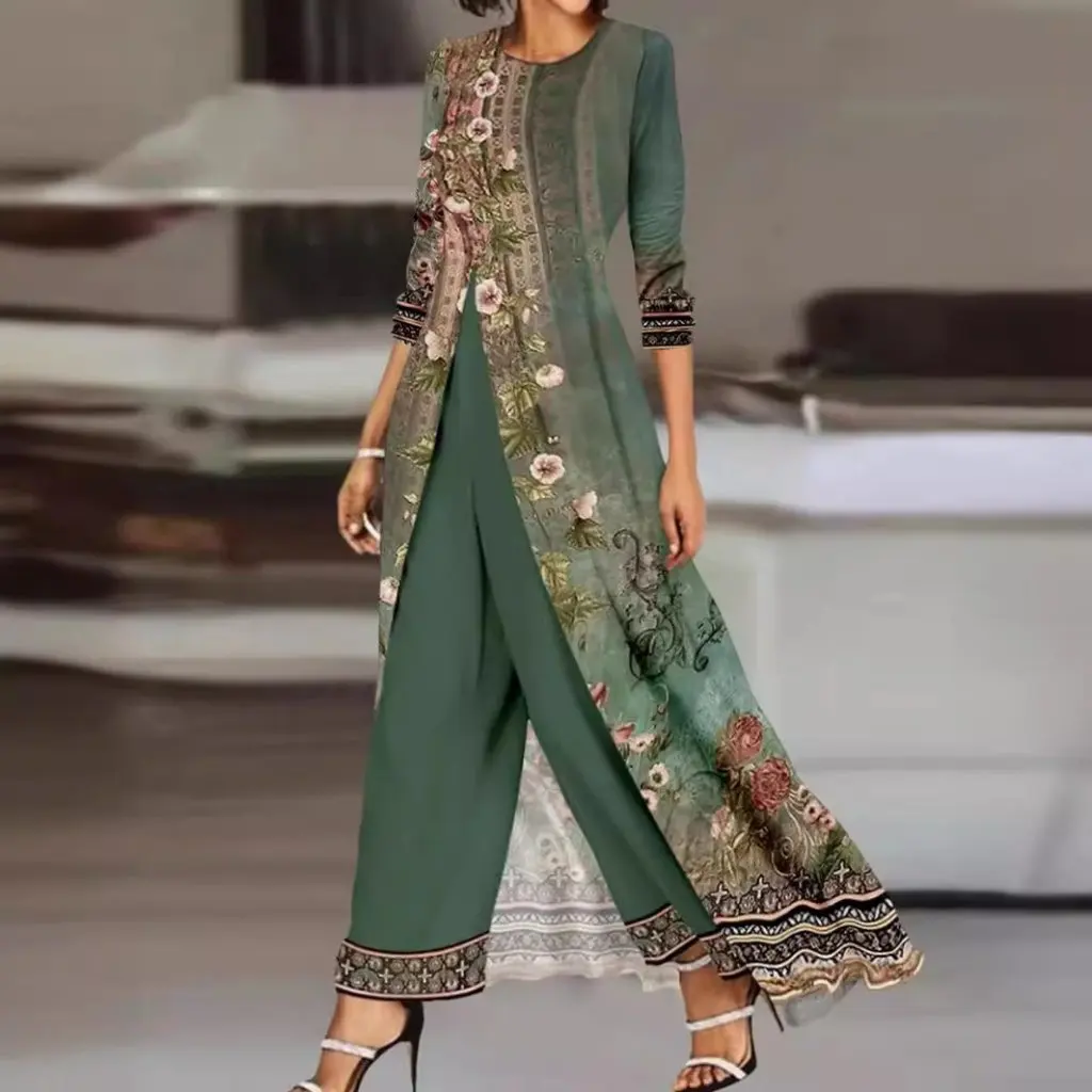 Feminino de duas peças verde esmeralda manga longa impresso macacão vestido estilo europeu americano em torno do pescoço terno