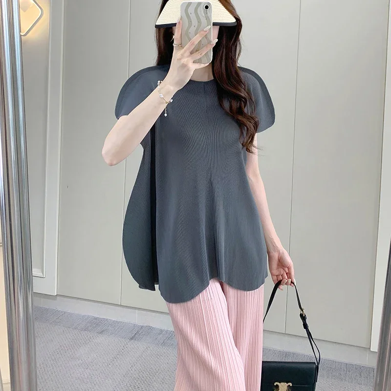 Miyake Pleated Top for Women's 2025 Summer New Sweet Loose Oversized Chubby Mm Slimming Short Sleeved T-shirt for Women's Thin