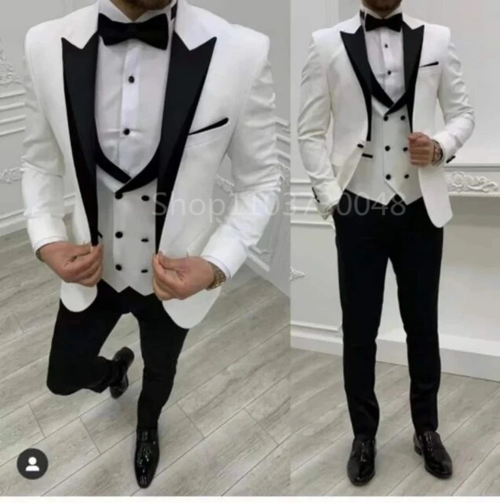 White Men Business Suits Wedding Suit Peak Lapel One Button Blazer Groom Tuxedos 3 Pcs Set Dress Jacket Vest Trousers