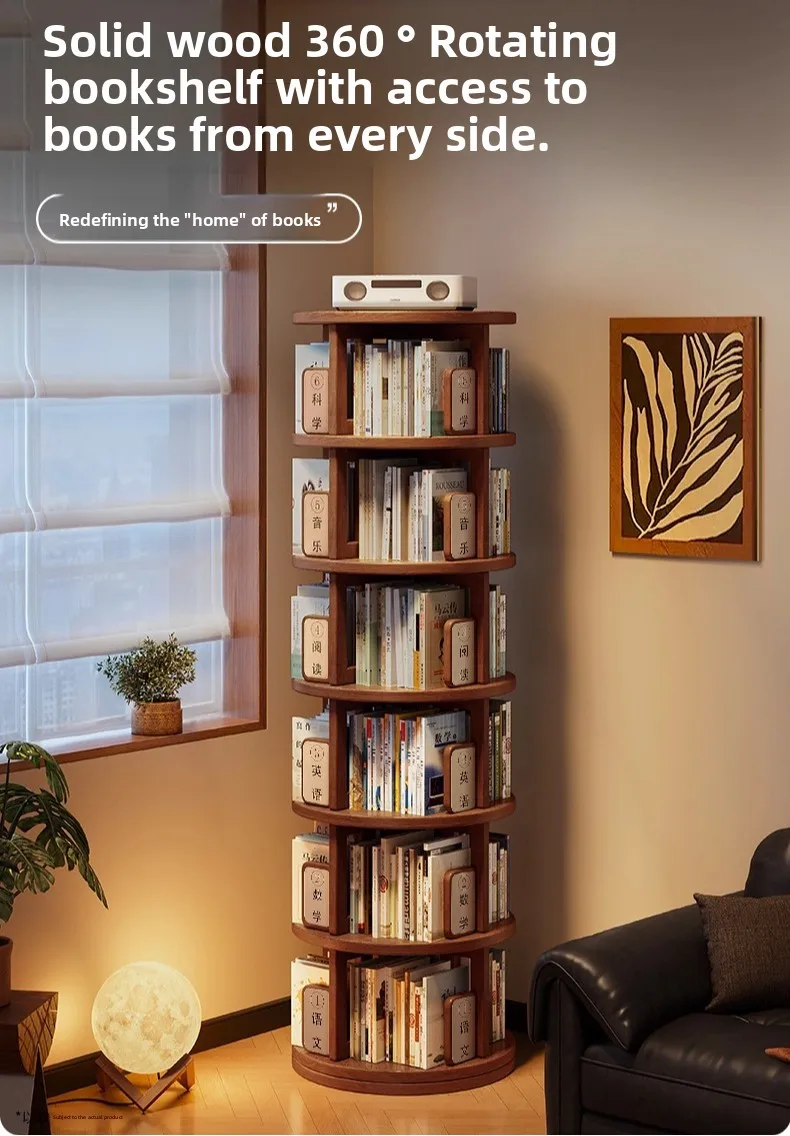 

360-Degree Rotatable Bookshelf Solid Wood Bookcase Living Room Corner Shelf Movable Floor Stand