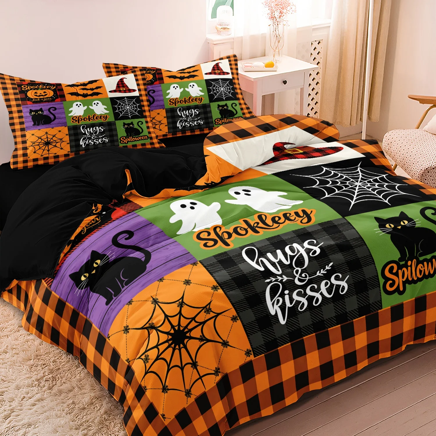  3Pcs Farmhouse Halloween Patchwork Print Duvet Cover Set, Orange Black Plaid Black Cat Ghost Spider Web Holiday Print Bedding