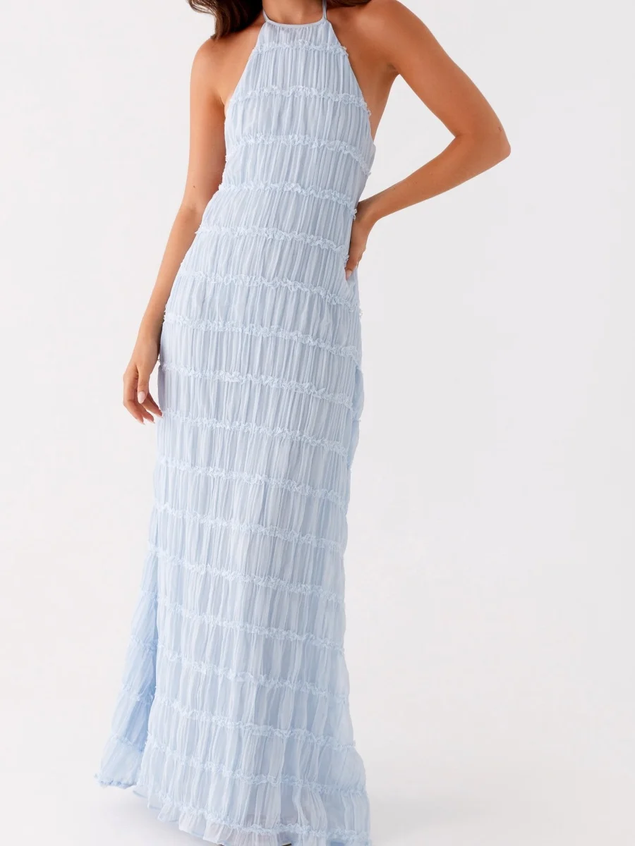 المرأة أنيقة عارية الذراعين فستان طويل الرسن التعادل الرقبة فستان ماكسي الصلبة فلوي شاطئ عطلة فستان الشمس الصيف الشارع الشهير #6