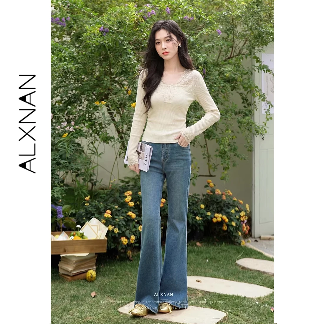 ALXNAN Women Long Sleeve T-shirt Autumn New Cream Ribbed Knit Top Hollow Floral Lace V-neck Slim Fit Casual Tee Female L61838A