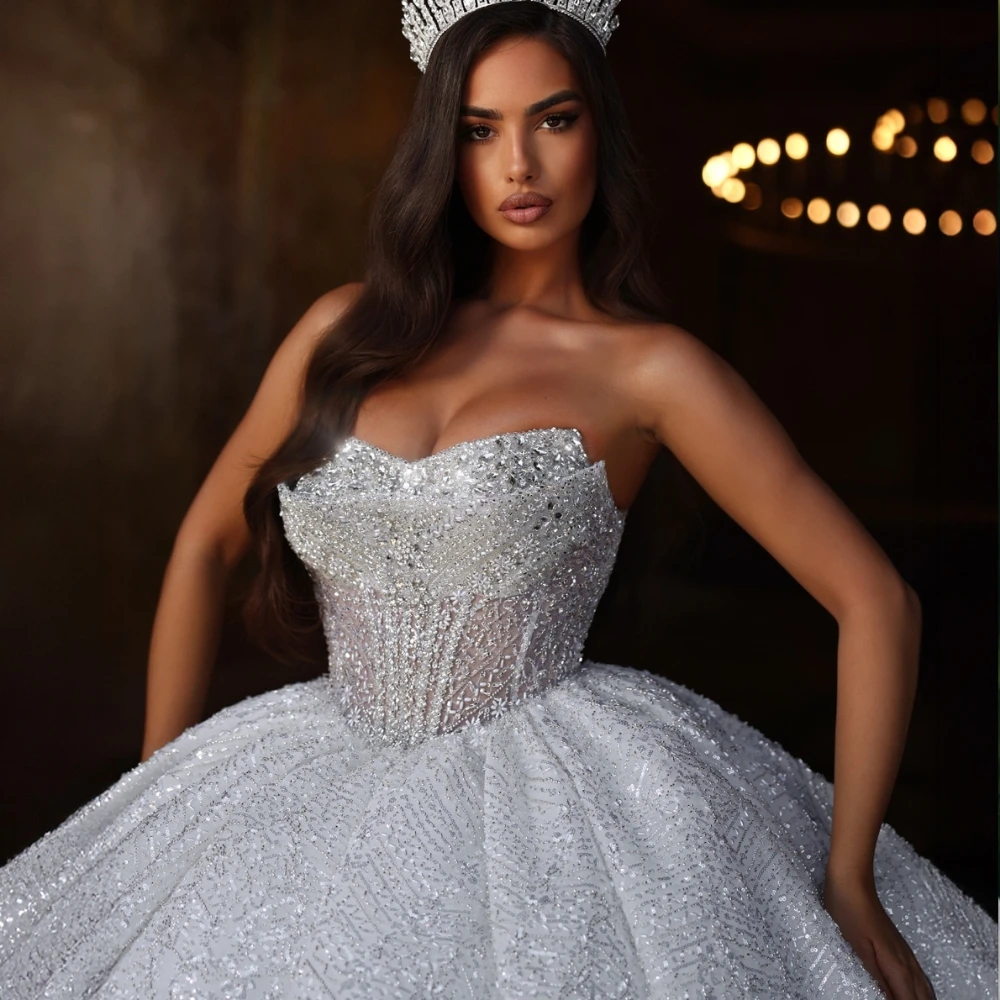 Richly Strapless Crystals Wedding Dress Sequin Embellished Bridal Gown With Dramatic Train Princess Ballgown Bride Dresses 2026