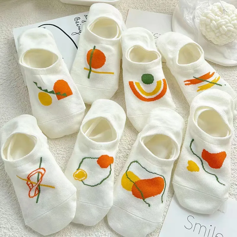 1/8 Pairs Versatile Trendy Summer Thin Invisible Shallow Socks White Graffiti Academy Style Anti Falling and Women's Boat Socks