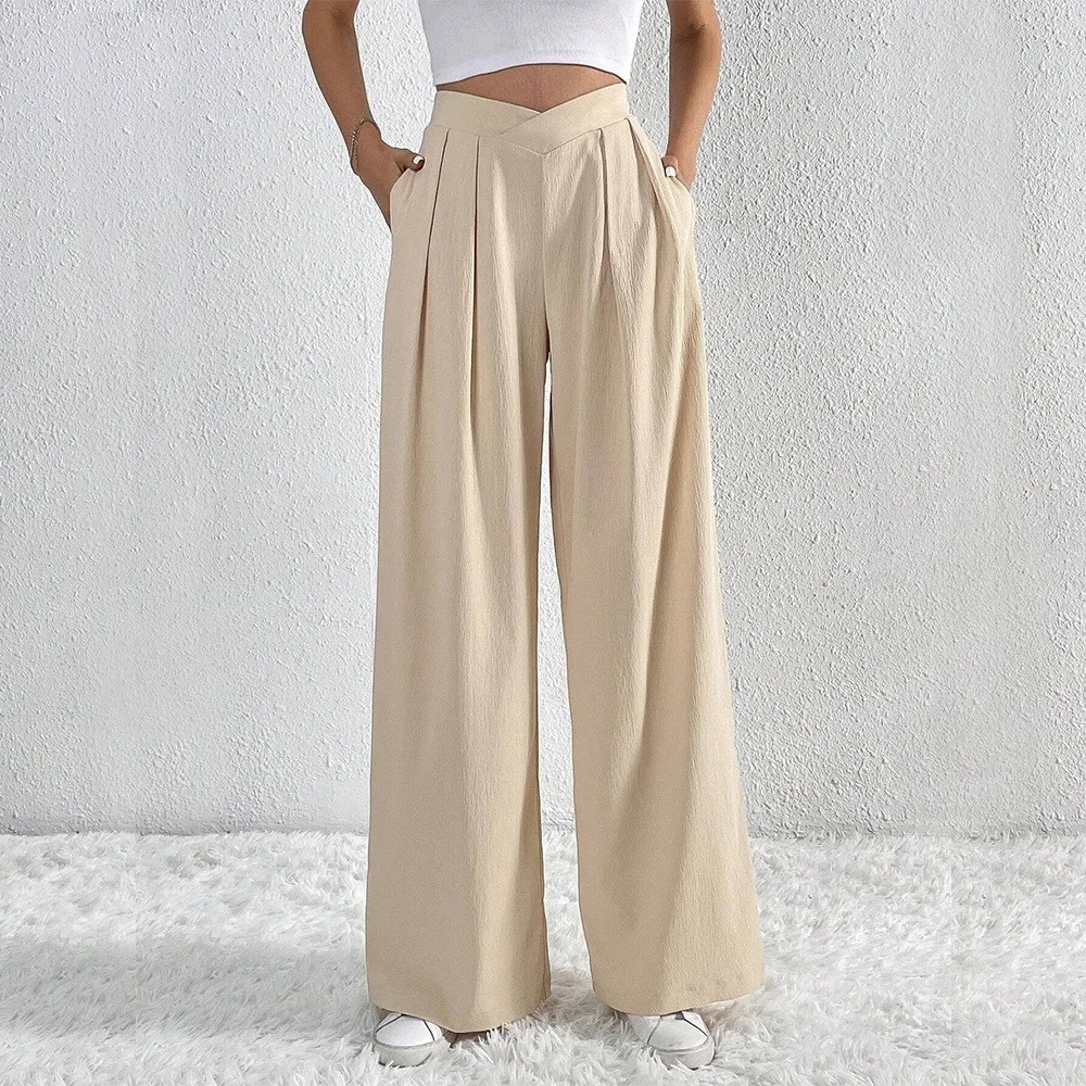 

Pleated Casual Wide-leg Pants Spring Autumn New Women's Commuter Style Pocket Loose Solid Color Trousers Pantalones De Mujer
