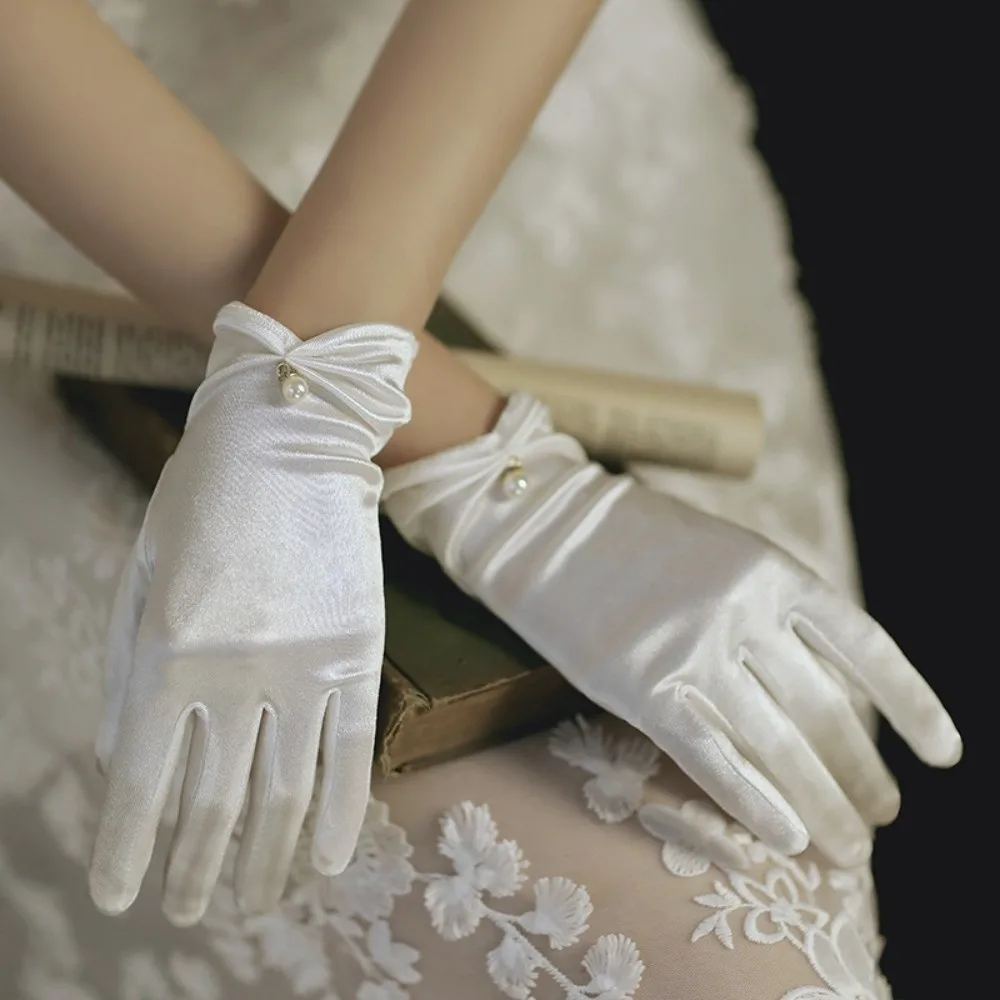 Pearl Decorative White Satin Bridal Gloves Wrist Length Solid Color Wedding Dress Gloves Elastic Band Black Women Silk Gloves