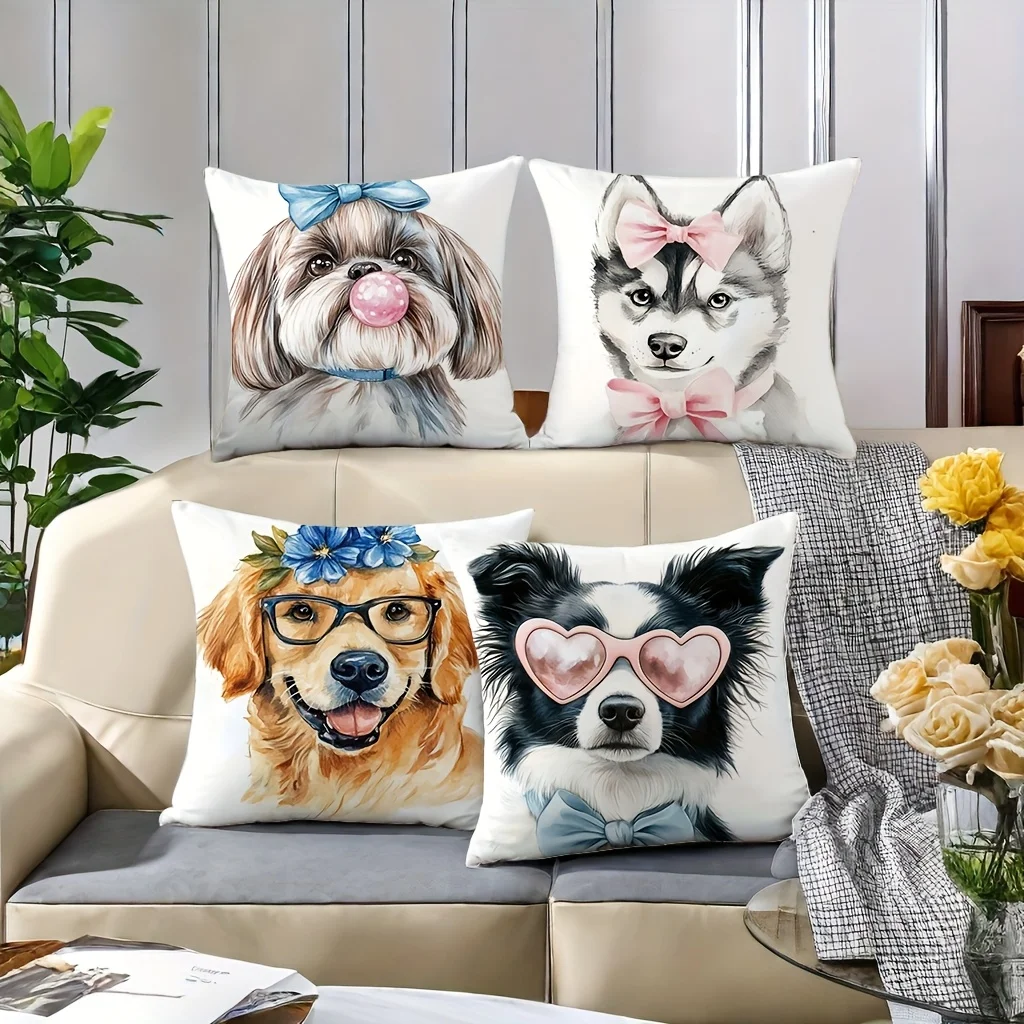 Cute Dog Portrait Pillowcase Set 4pcs Cushion Cover 40x40cm Pet Lover Home Decor Gift Prints for Sofa Couch Dog Mom Father Suppl