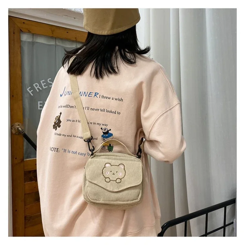 Women Canvas Zipper Bag Preppy Style Student Tote Shoulder Messenger Bag Small Corduroy Bag Satchel Travel Purse Handbag