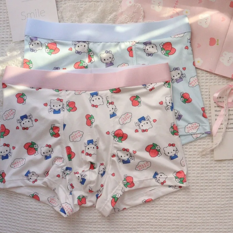 Hello Kitty Kawaii Strawberries Men Underwear Anime Cartoon Cute Printing Boxers Summer Cool Breathable Ice Silk Boyfriends Gift