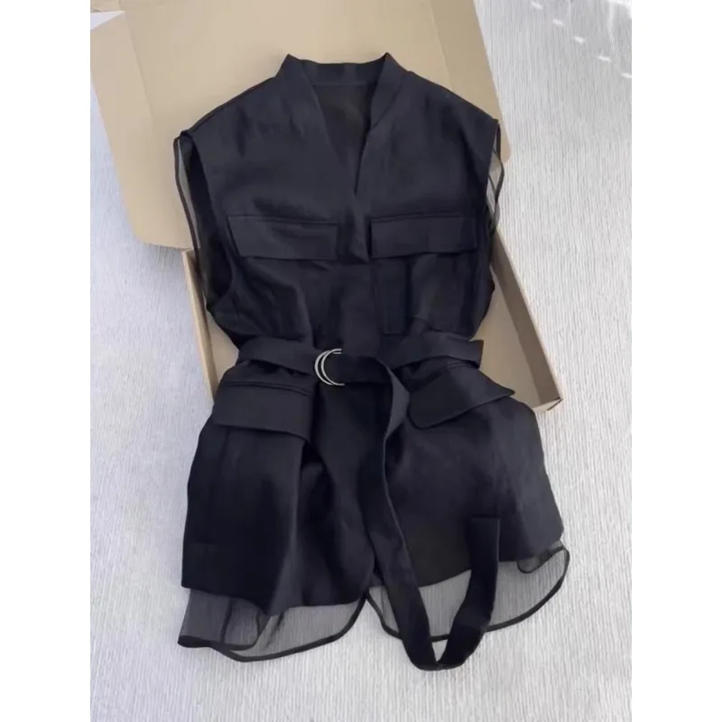 

Blouse Summer Women's Korean Style Refined Elegant Black Fitted Waist Sleeveless Comfortable Casual Niche Fashionable Versatile