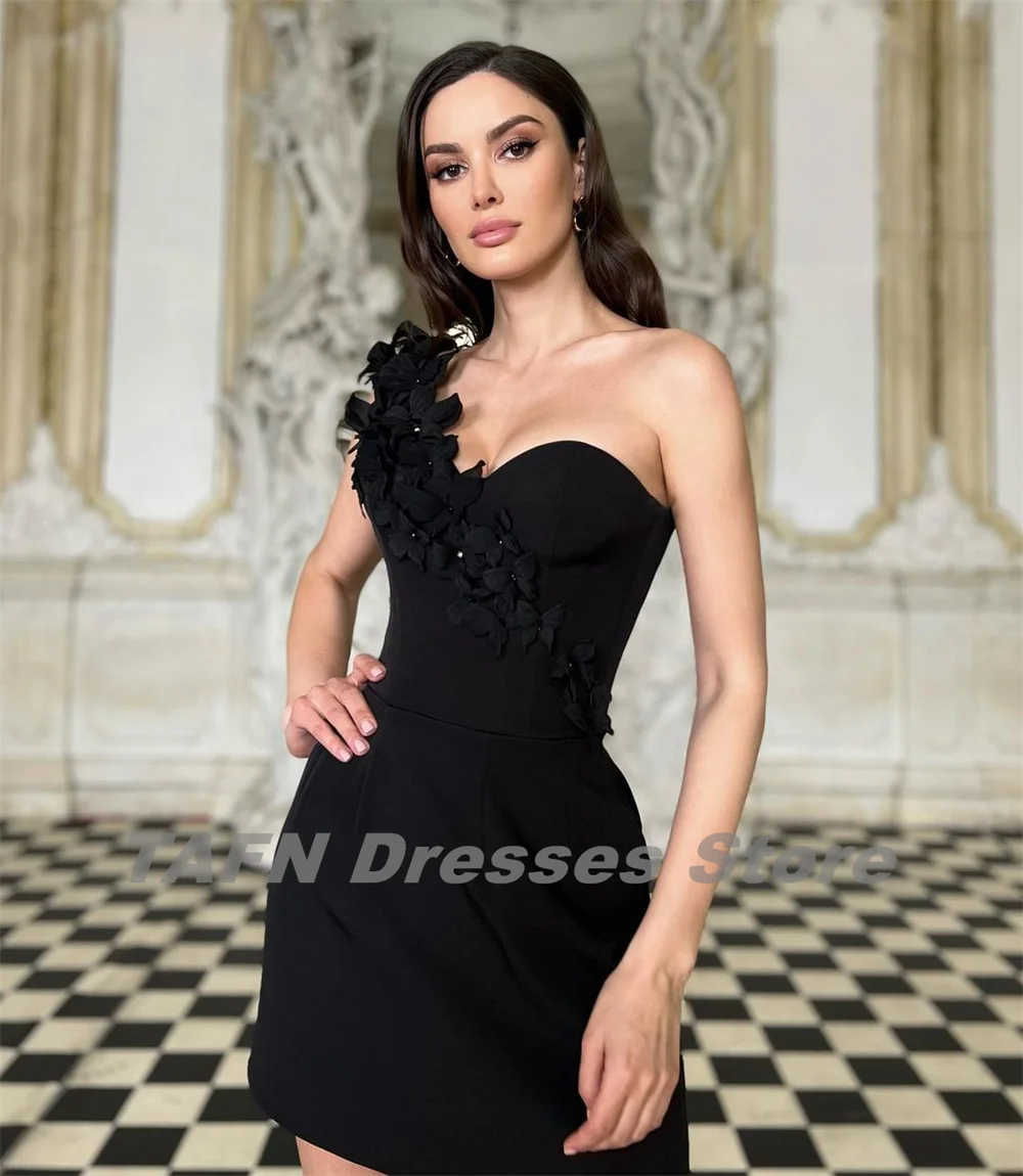 TAFN Black Prom Gown One-Shoulder Floral Appliques Evening Party Dresses Above Knee вечернее платье Custom Made