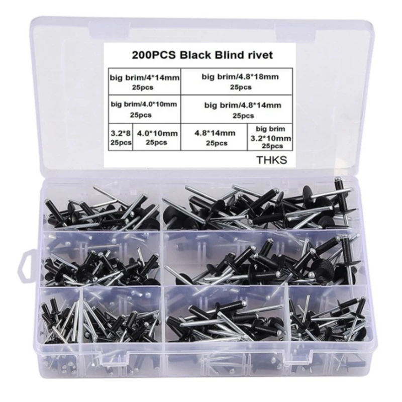 

200Pcs Black Blind Rivets Aluminium Rivets High Strength Round Head Blind Rivet Assortment Kit Countersunk Rivets Screws