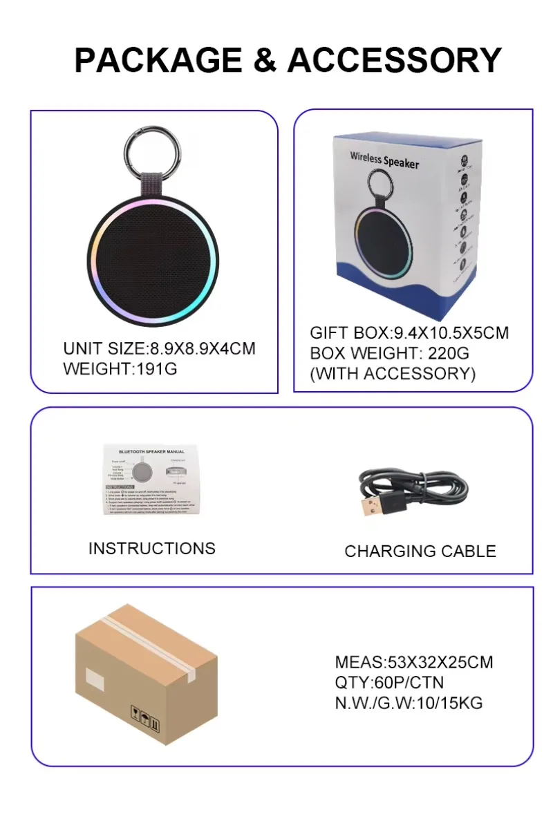 IPX6 Waterproof Bluetooth Speaker Round RGB Wireless Portable with Clip High Quality