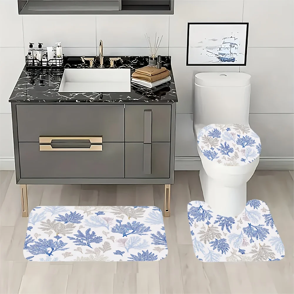 4-piece blue and beige leaf pattern bathroom set, including 12 hooks, bathroom mat, U-shaped mat, and toilet mat.