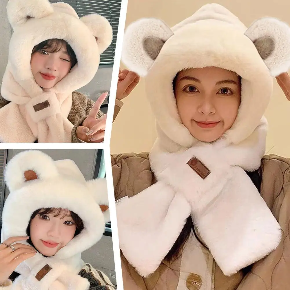 Cozy Little Bear Scarf Hat Women's Winter One-Piece Hooded Mask Plush Hat With Lamb Hair Trim Bear Hat Scarf 1pcs