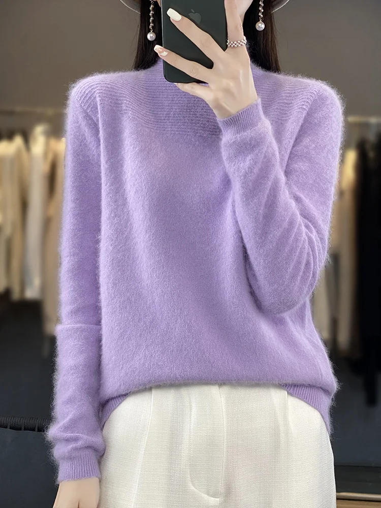 100% Mink Cashmere Pullovers Women's Knitted Sweater Mock-neck Long Sleeve Jumper Autumn Winter Soft Warm Female Clothing Top