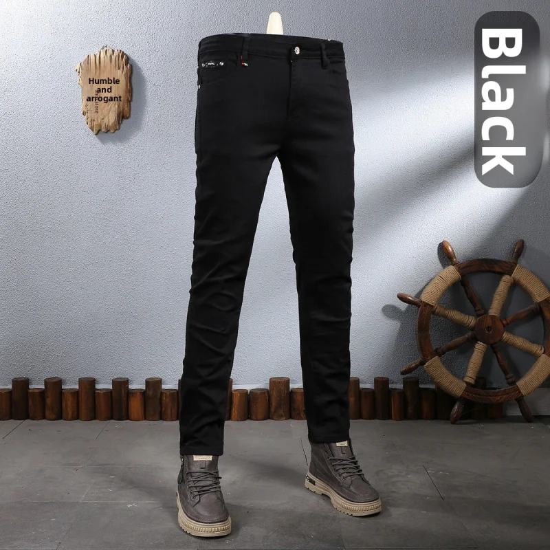 

Мужские белые джинсы слим-фит, узкие прямые брюки на резинке, повседневные, трендовые, универсальные, черные брюки, новинка 2026 года, мужская одежда