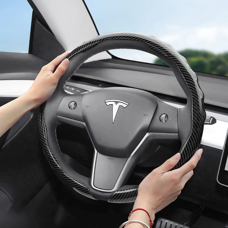 Geeignet für Tesla Carbon Fiber Texture Lenkradabdeckung, aufsteckbares, wellenförmiges, sportliches Design, langlebige Schutzhülle, geeignet für Modell 3 Y S X und andere Modelle, Schwarz, Rot,