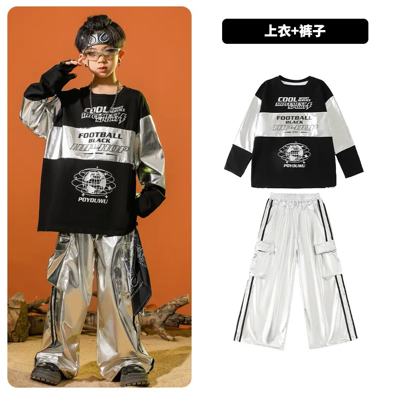 Hip hop meninos azul sweatershirt calças do plutônio meninas casaco de dança rua calças jeans conjuntos roupas crianças streetwear criança jazz traje