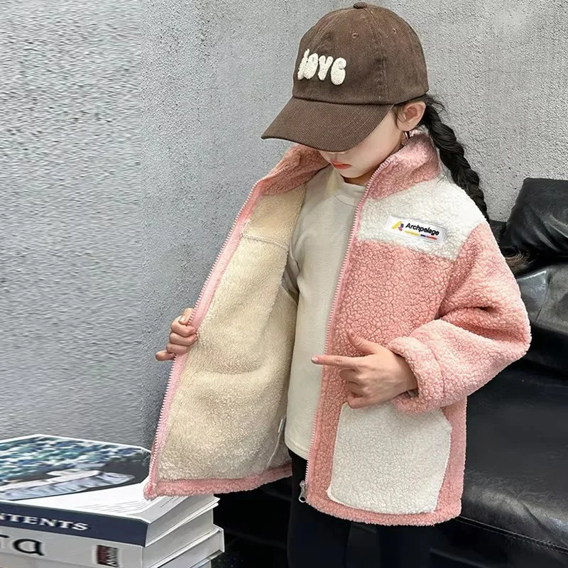 LambWool Warm Jackets For Girls Children Autumn Winter Outerwear Kids Plus Velvet Coats New Teenager Fashion Padded Clothing image 6